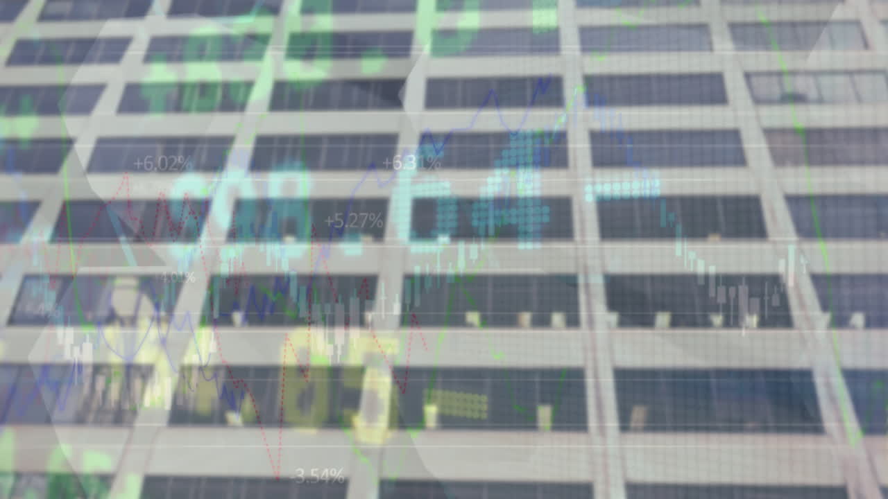 도시 풍경 위의 금융 데이터 처리 애니메이션