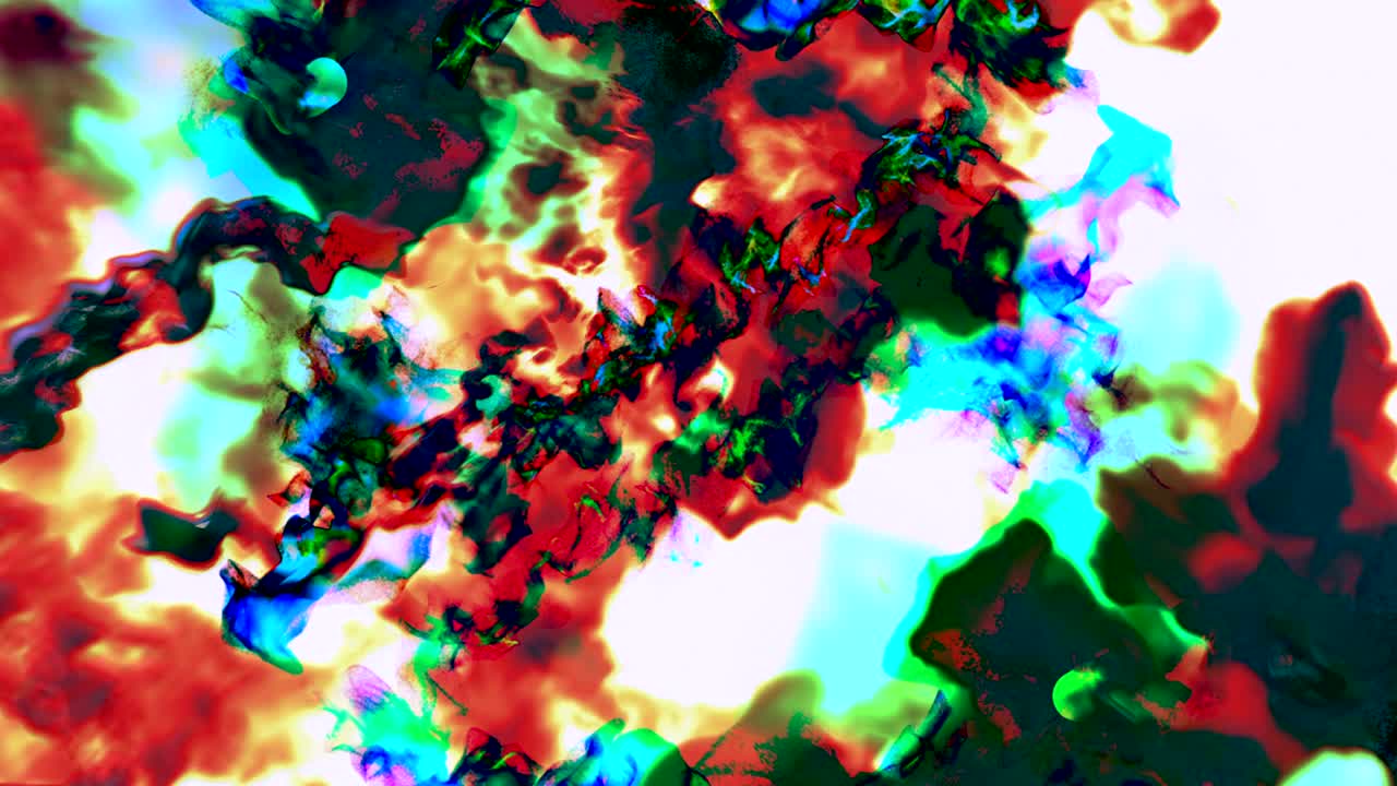 Flux de particules multicolores formant des motifs, animation 3D, en boucle