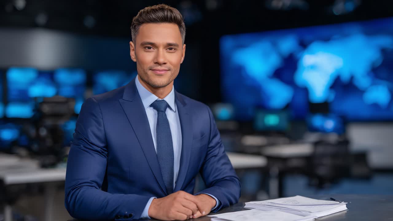 A Professional News Anchor Presenting with Confidence in a Modern Studio Environment, Ready to Deliver Important Updates and Information to Viewers on a Global Scale