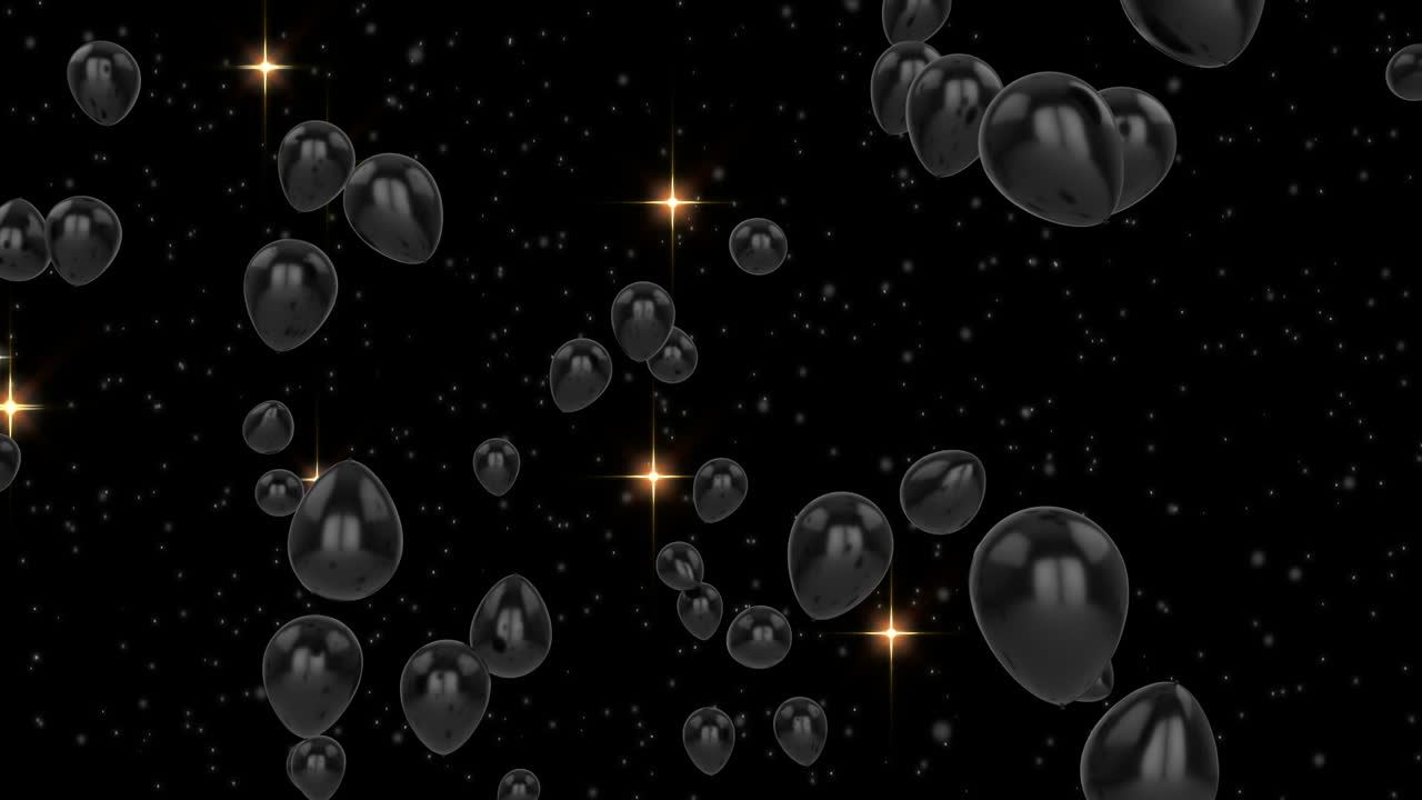 Animation von fliegenden schwarzen Ballons und Lichtern vor schwarzem Hintergrund