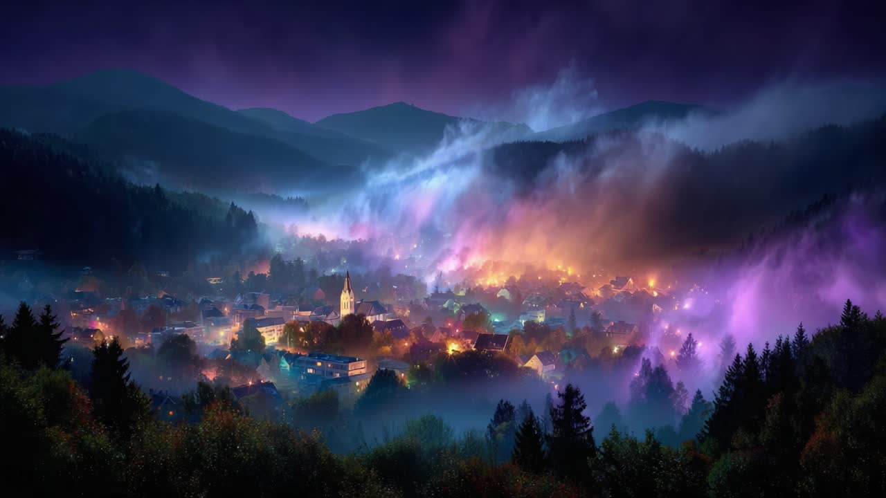 A Stunning Transformation of a Mystical Town Enveloped in Fog and Illuminated by Vibrant Light During the Night, Capturing the Essence of Enchantment and Tranquility