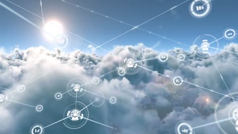 animation of network of connections with icons over clouds on sky