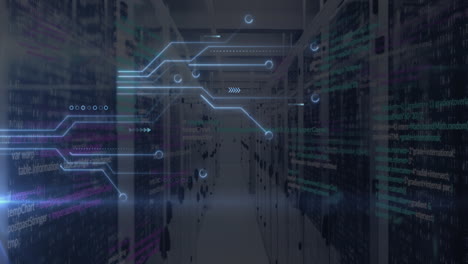 Animation-of-glowing-microprocessor-connections,-light-spot-and-data-processing-against-server-room