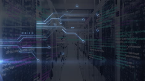 animation of glowing microprocessor connections, light spot and data processing against server room