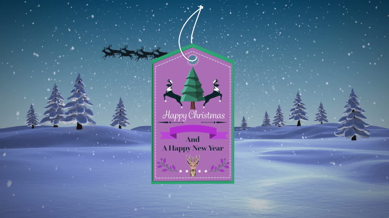 겨울 풍경 위에  ⁇ 매를 타고 산타클로스 위에 계절의 인사와 함께 선물 태그의 애니메이션