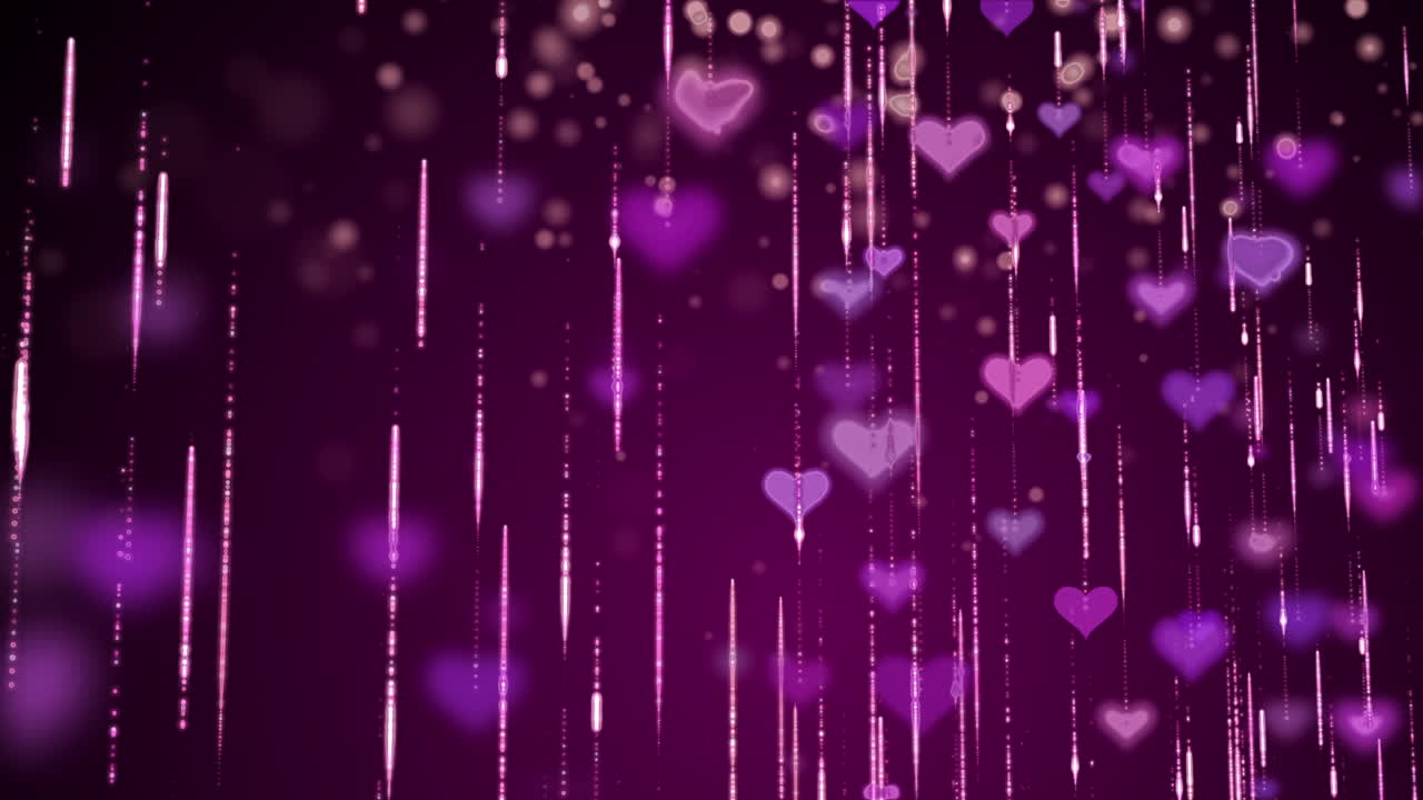 Animated love background with falling glitter particles and pink hearts. Glowing blurry elements.
