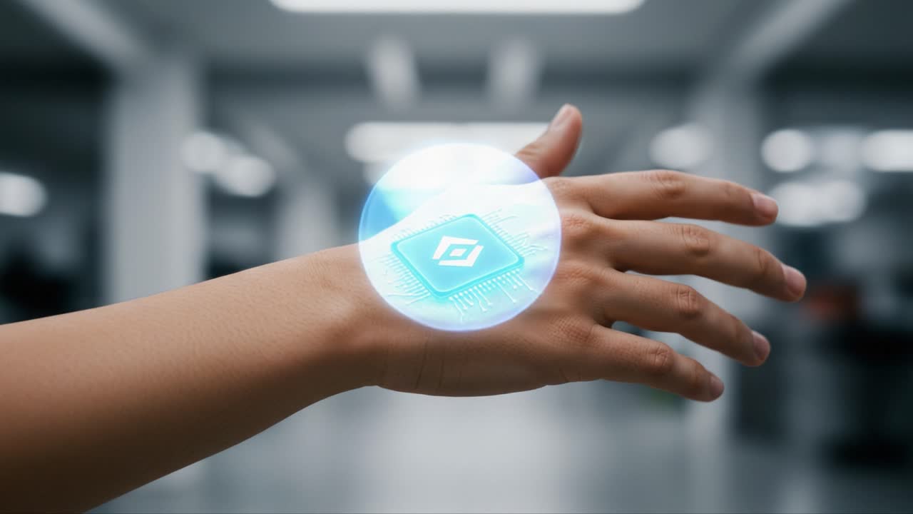 Futuristic Technology Interface Displayed on Human Skin: A Glimpse into the Next Generation of Augmented Reality and Interactive Wearable Devices