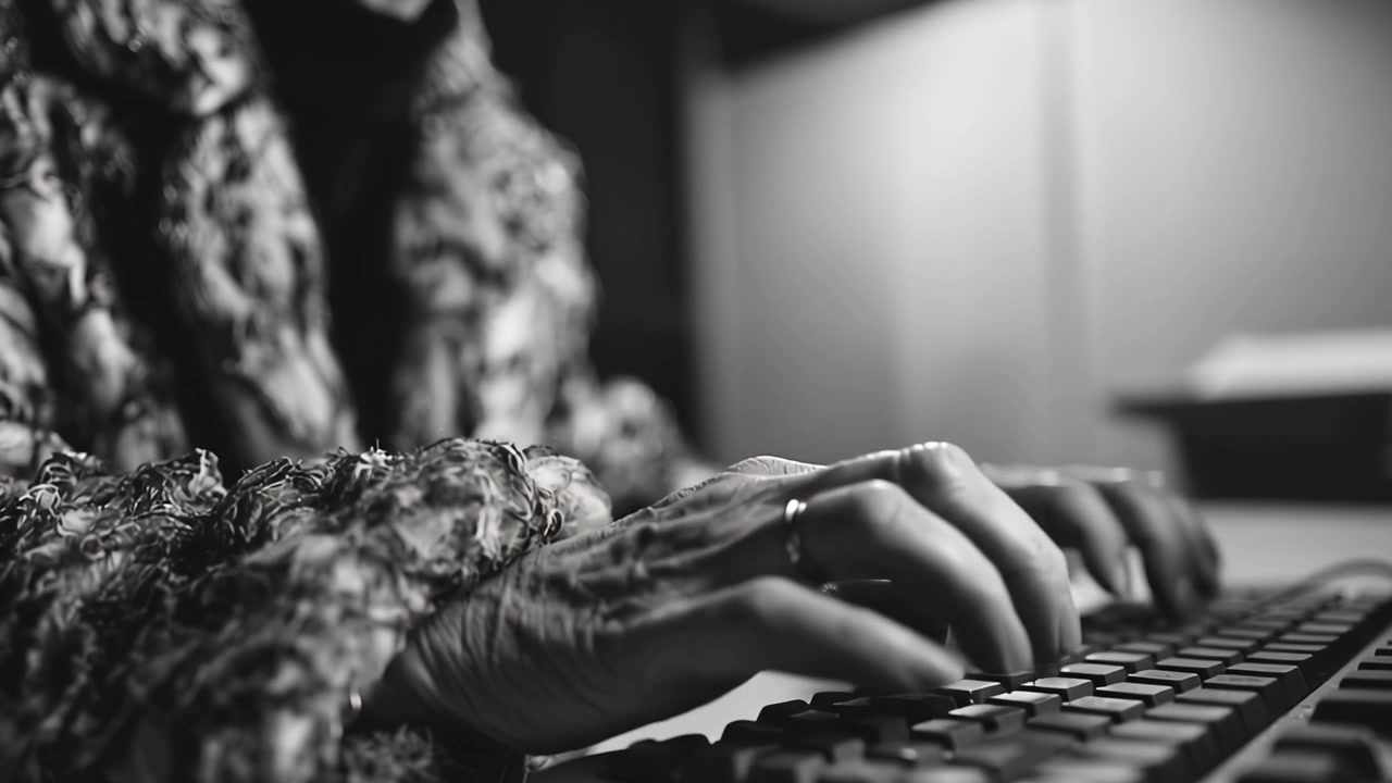 Ældre mand taster på et computertastatur i sort-hvid