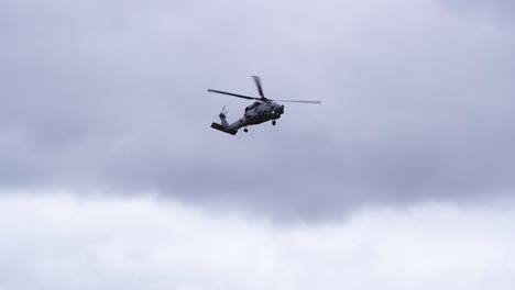 mh-60r seahawk helicopter against overcast sky - low angle