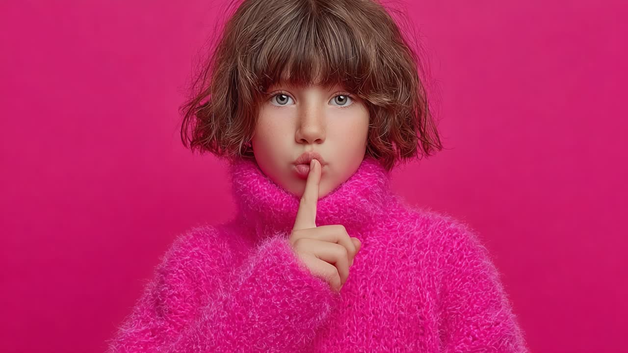 A young girl in a vibrant pink sweater strikes a playful silencing pose, her finger on her lips against a matching pink background, embodying curiosity and innocence