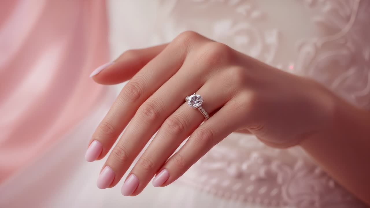 Rotating left hand turning to catch light in studio, showing engagement ring and white lace dress