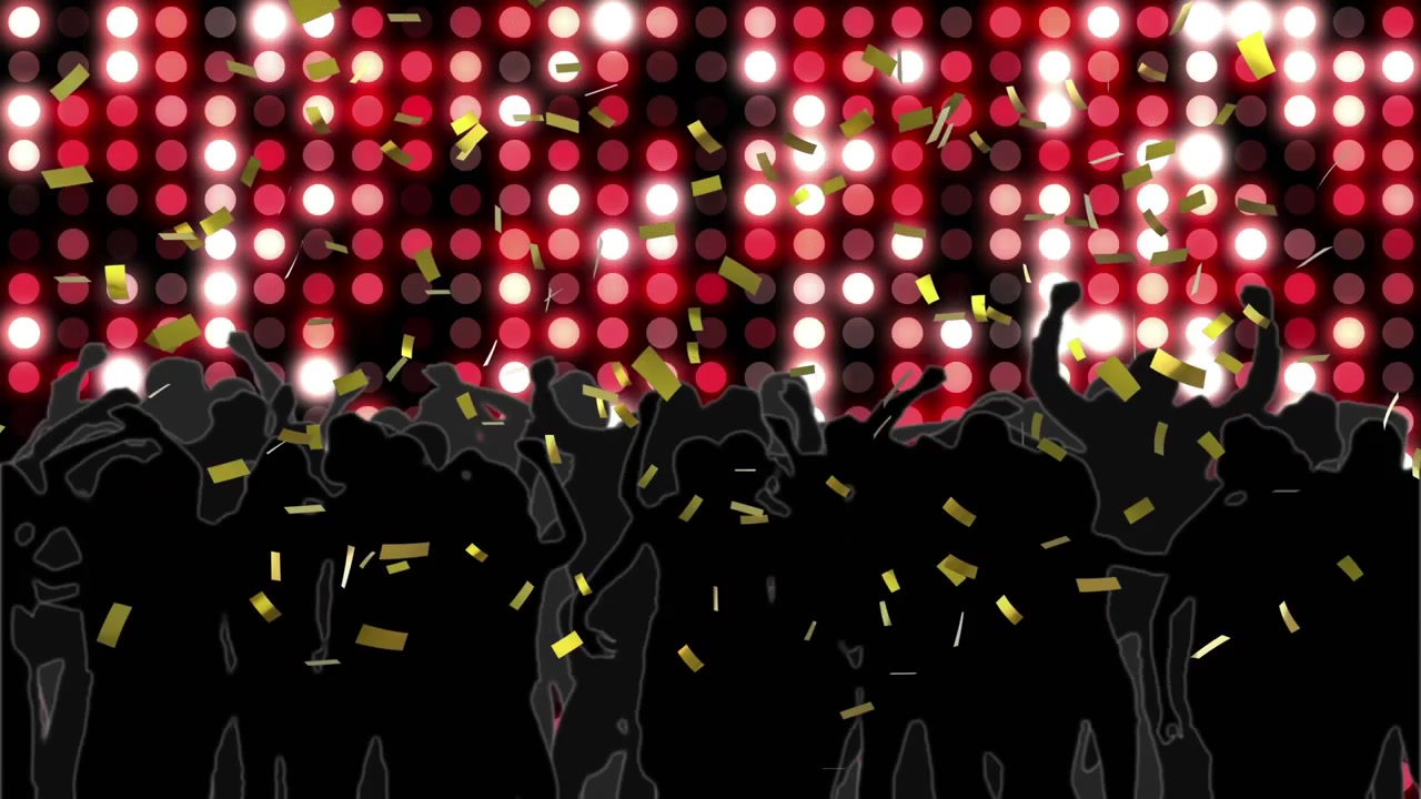 Animation of confetti falling over people silhouettes and light spots on black background