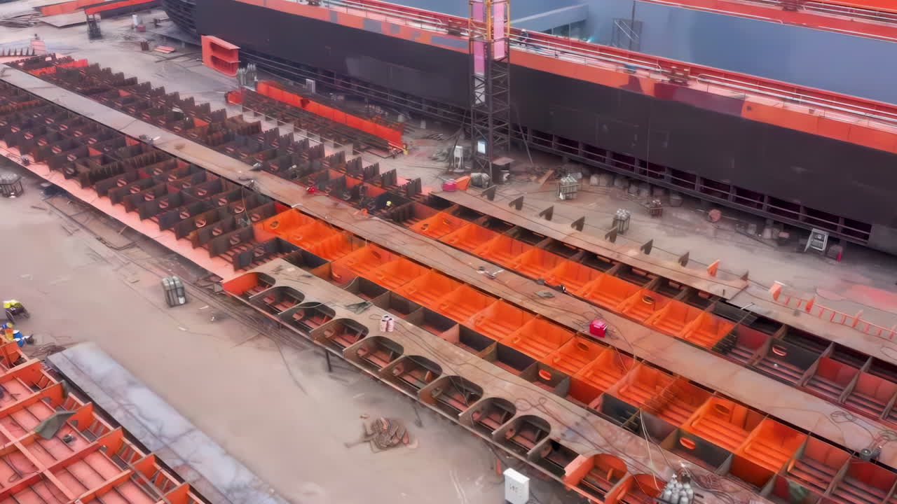 Close view shipyards steel industry port vessel factory real shot, construction of a large ship on a shipyard with cranes. A fragment of the case in the workshop of plant. Metal frame during assembly