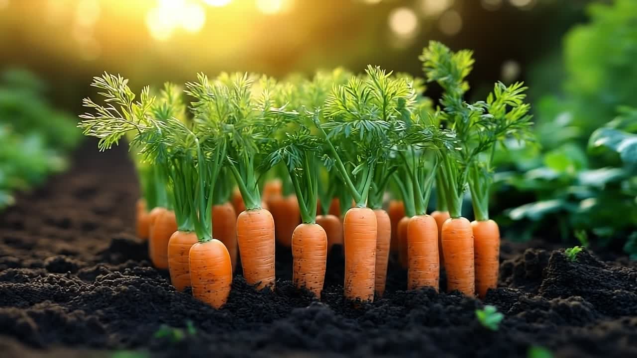 Freshly harvested carrots in a garden. Bright orange carrots grow in rich soil, basking in warm sunlight in a lush garden during late afternoon.