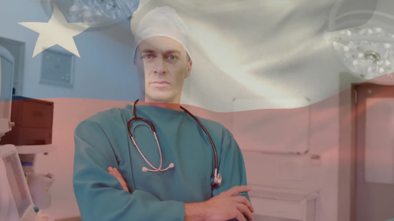 animación de la bandera de chile ondeando sobre el cirujano en el quirófano