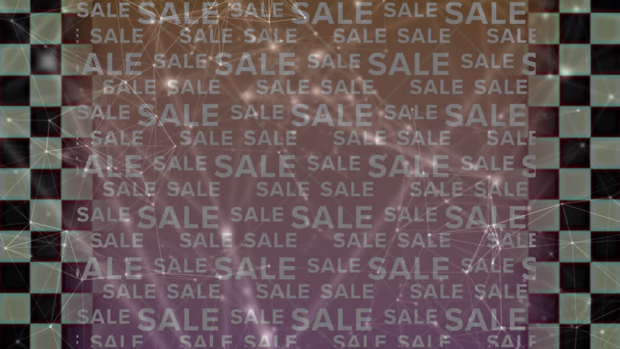 텍스트 판매의 애니메이션, 체크 된 경계와 분홍색 배경에 연결 네트워크와 함께