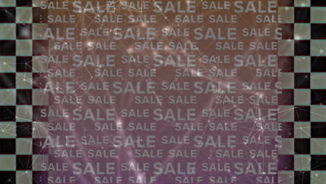 animación de la venta de texto, con una red de conexiones sobre un borde a cuadros y un fondo rosa