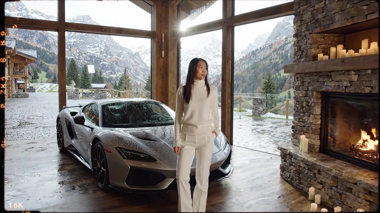 La elegancia se une al rendimiento: un individuo con estilo posa junto a un coche deportivo de alto rendimiento en un lujoso retiro de montaña rodeado de la belleza de la naturaleza.