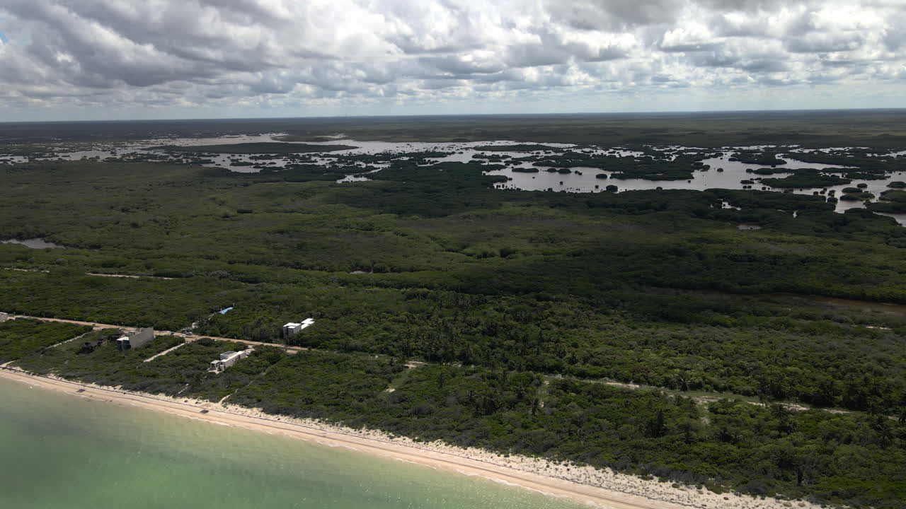 Sisal Aerial View 4K Empty Yucatan Beach On Mexican coast and manglars