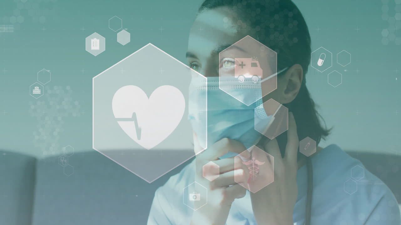 Animation of heartbeat and medical icons over caucasian female doctor adjusting face mask