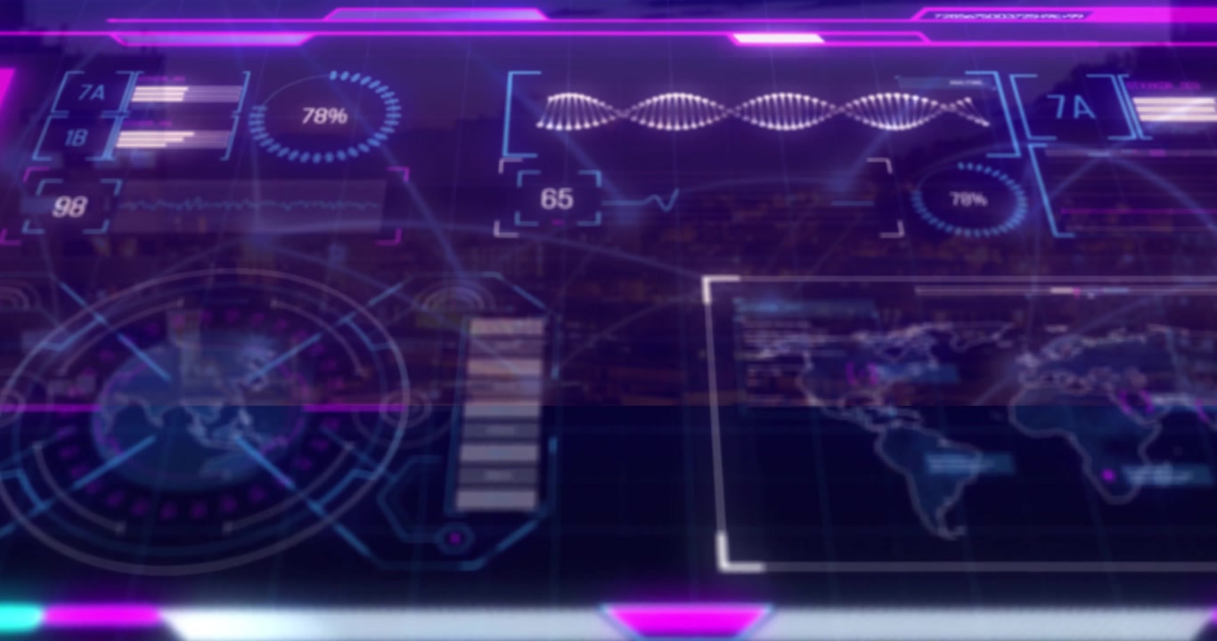 Futuristic data analysis and processing animation over cityscape background