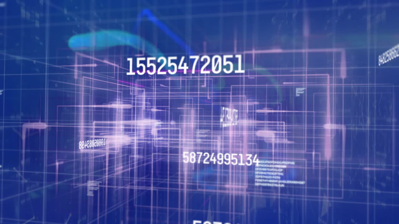 animación del procesamiento de datos sobre cuadrículas brillantes sobre un fondo azul