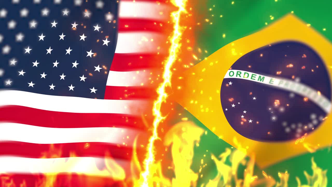 미국 대 브라질 플래그 온 파이어 루프 애니메이션