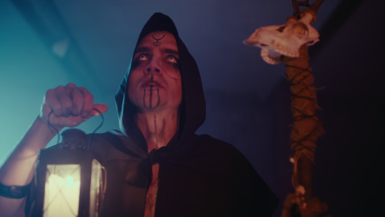 Mysterious Figure with Lantern and Staff