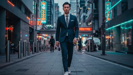 a stylish businessman strolling confidently through a neon-lit urban street in a modern city environment at dusk