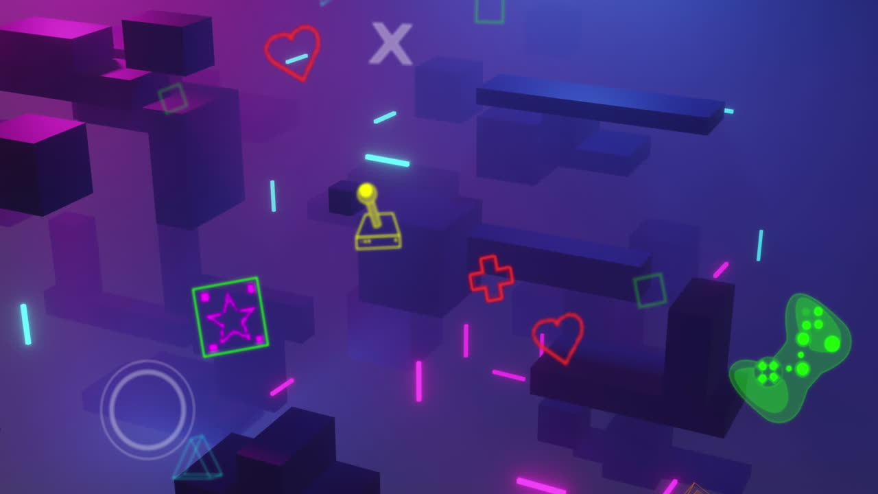 Animation of video game icons over purple background