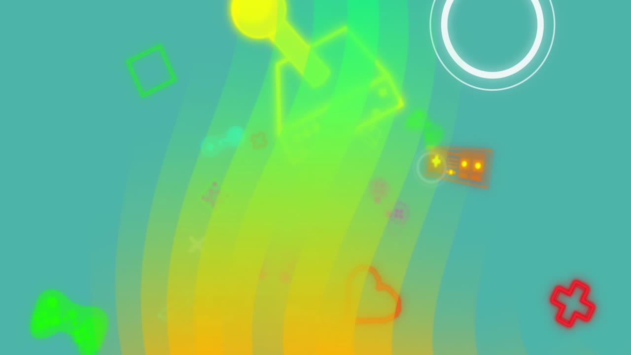 Animation of colourful shapes and icons on blue background