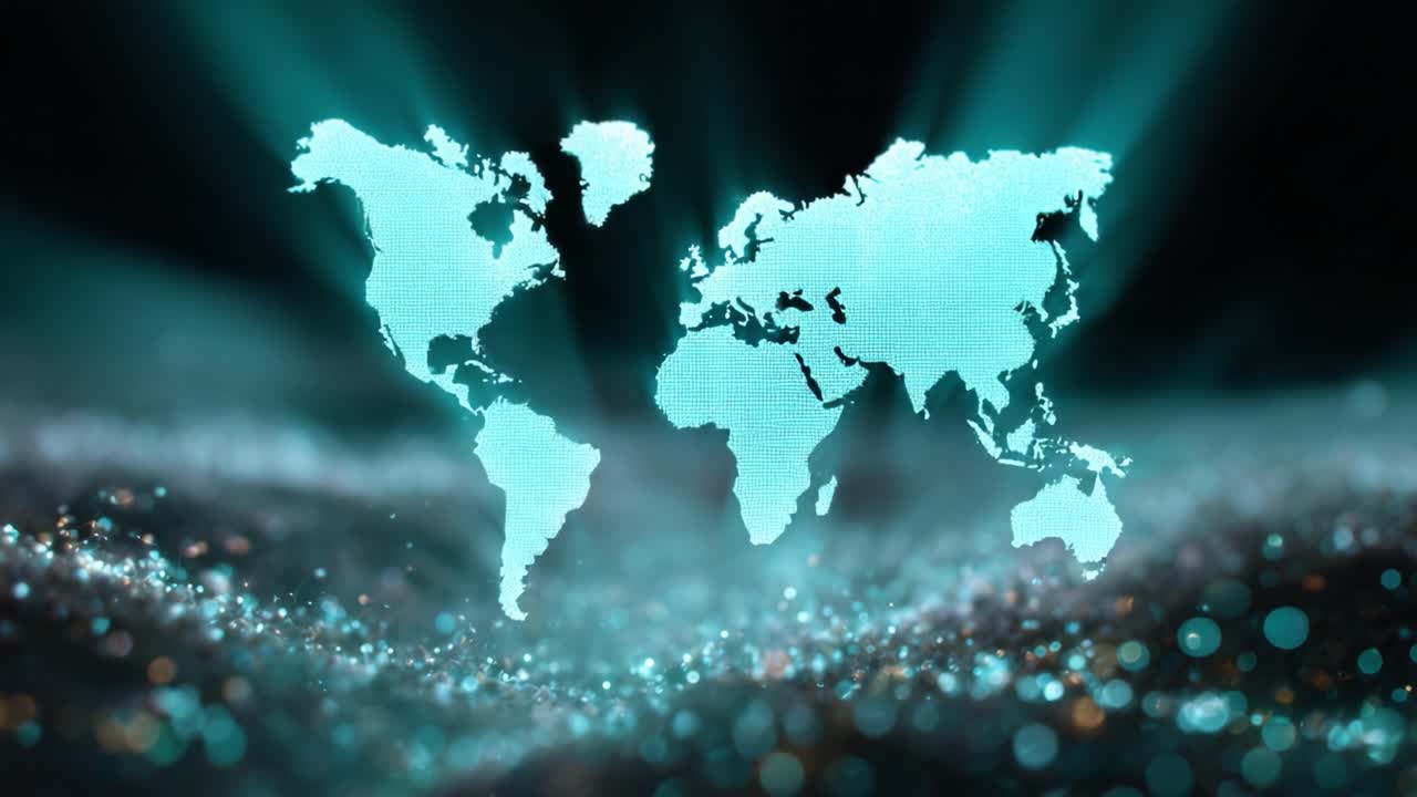 A Stunning Visualization of a World Map Evolving Through a Dazzling Abstract Background of Light and Particle Effects for a Dynamic Visual Experience