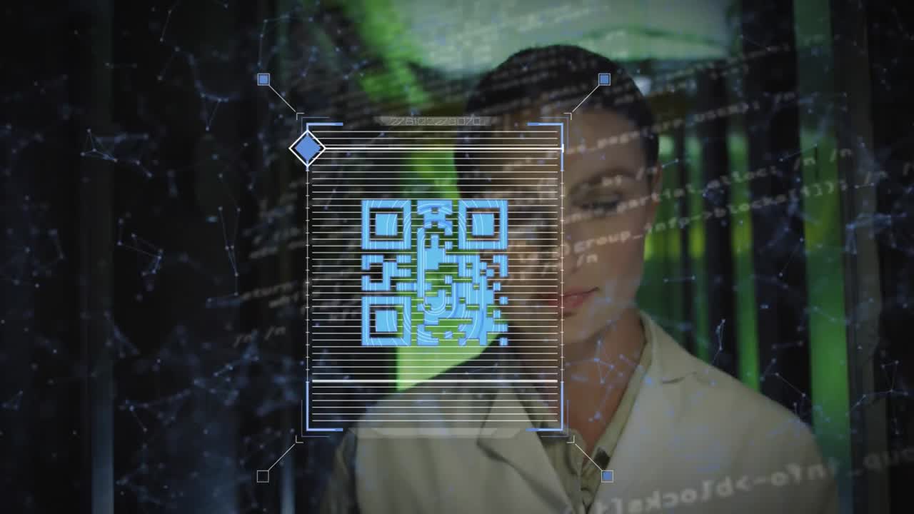 Animation of qr code scanner and network of connections over female engineer walking in server room