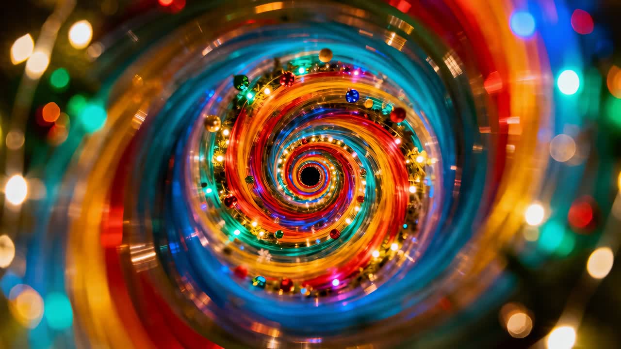 Tunnel a spirale rotante che si stringe verso l'interno dopo un avanzamento della telecamera in studio, catturando l'attenzione con perline e LED.