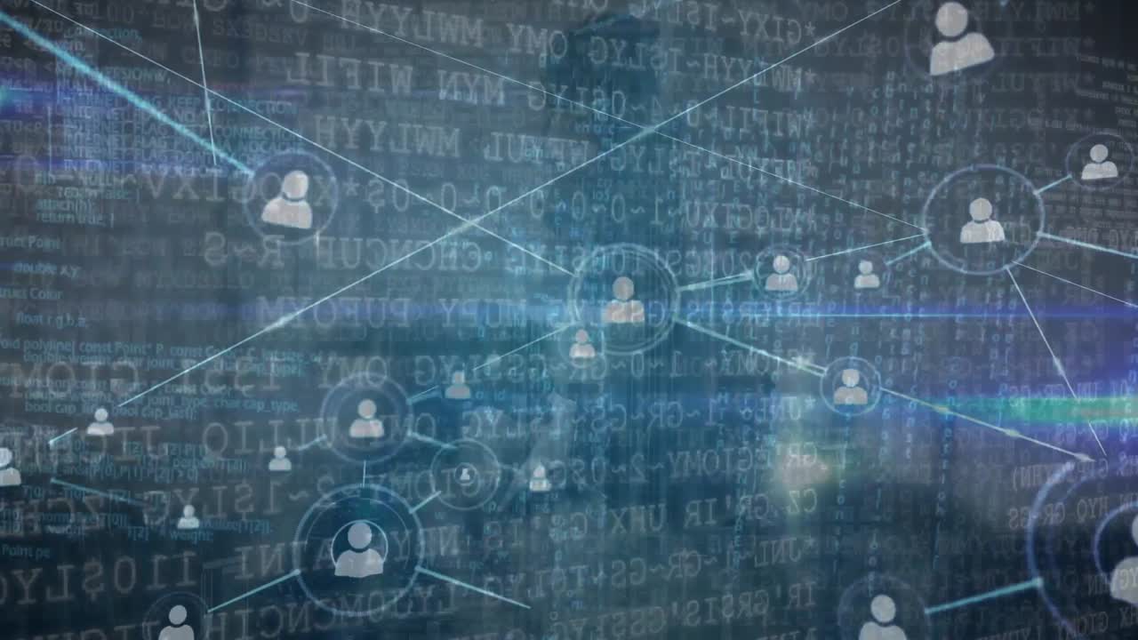 Animation of data processing over caucasian man with coffee