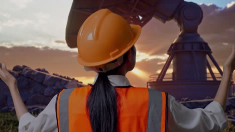 close up back view of a female engineer with safety helmet spreading arms while standing with large satellite dish