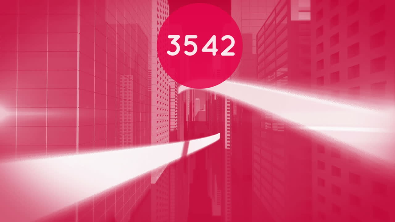 빨간색 배경에 대한 3d 도시 모델 위의 빛 트레일 위의 빨간색 둥근 배너에 대한 숫자가 증가하고 있습니다.