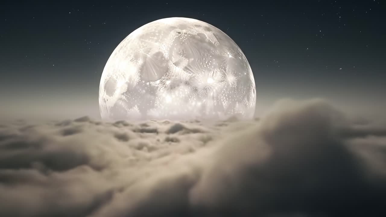 A Majestic Full Moon Illuminates the Night Sky, Rising Above a Sea of Soft Clouds and Sparkling Stars, Creating a Breathtaking Celestial Landscape