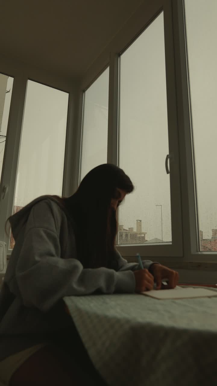 Woman Writing by the Window on a Rainy Day