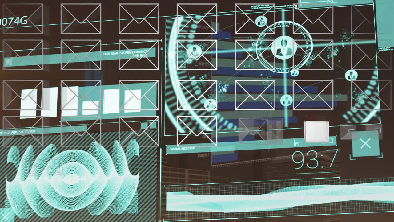 Animation of digital interface with data processing against black background