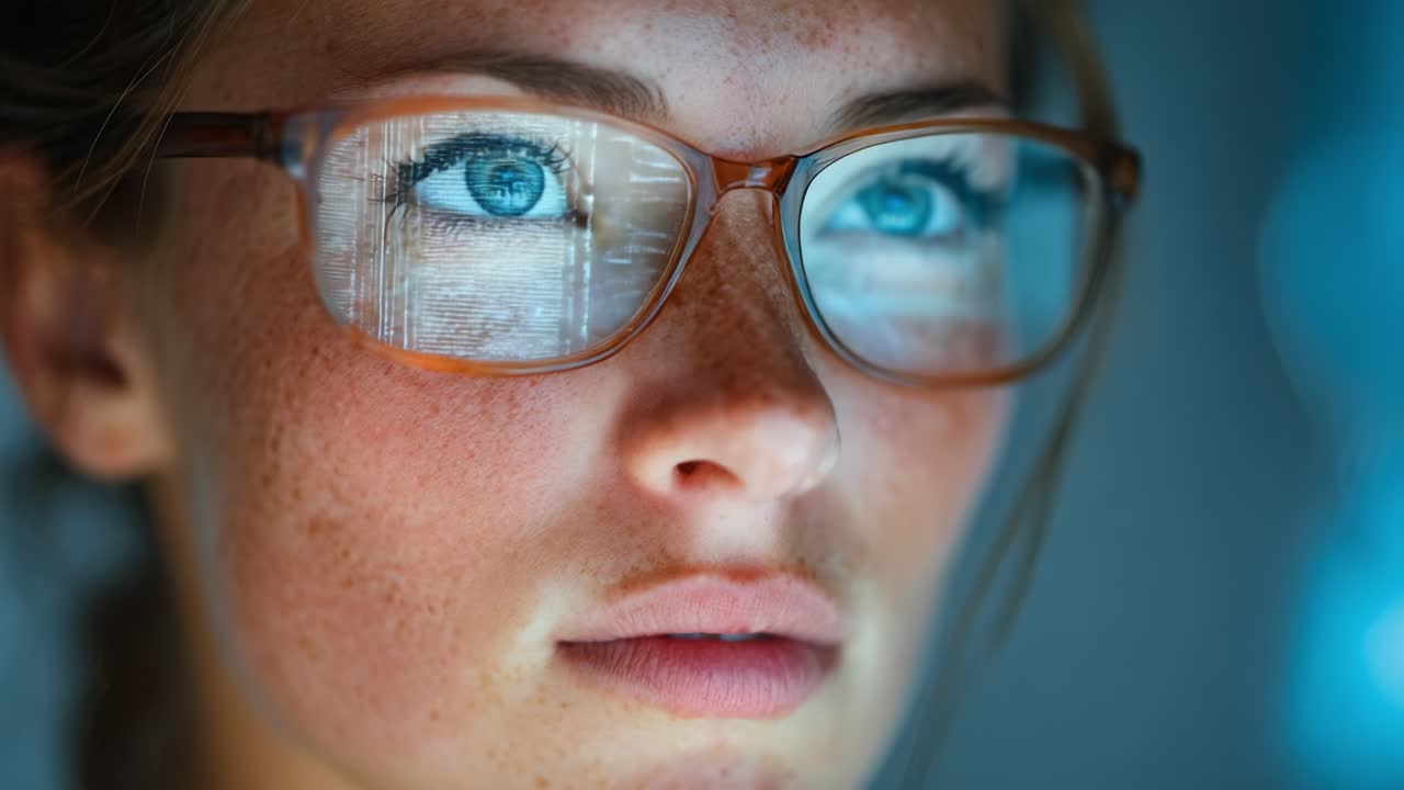 A Young Woman Focuses Intensely as She Gazes at a Computer Screen, Reflecting Numeric Data Through Her Glasses and Highlighting the Intersection of Technology and Human Curiosity