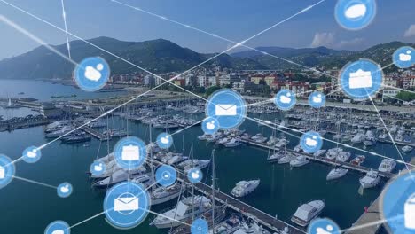 Network-of-digital-icons-and-drone-carrying-a-delivery-box-against-aerial-view-of-the-port-harbor