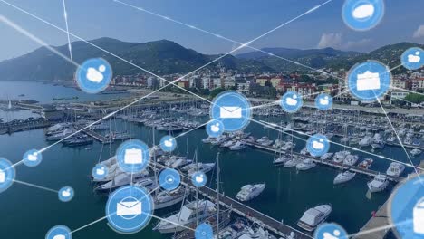 network of digital icons and drone carrying a delivery box against aerial view of the port harbor