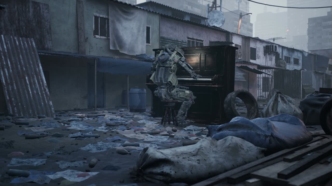 A cyber soldier plays the piano in a deserted slum. A ruined city and old shacks in a mystical town. Multi-storey, deserted buildings. Animation perfect for apocalyptic and sci-fi backgrounds.