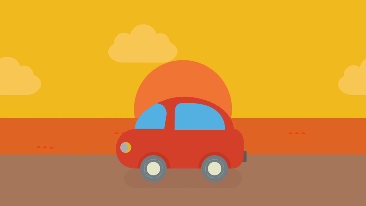 animación de un coche lindo corriendo al atardecer