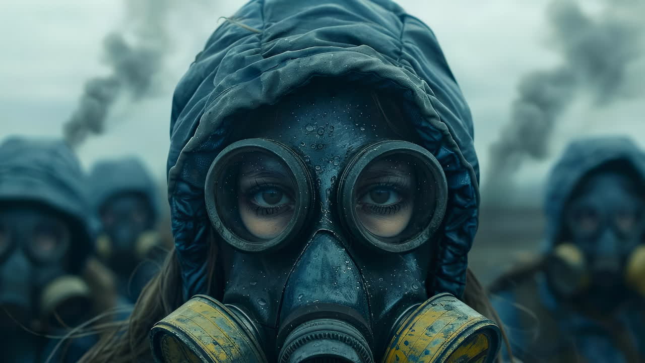 Persone che indossano maschere antigas in una zona piena di fumo. Un gruppo di persone con maschere antigas si trova in un ambiente fumoso mentre guarda avanti in lontananza.