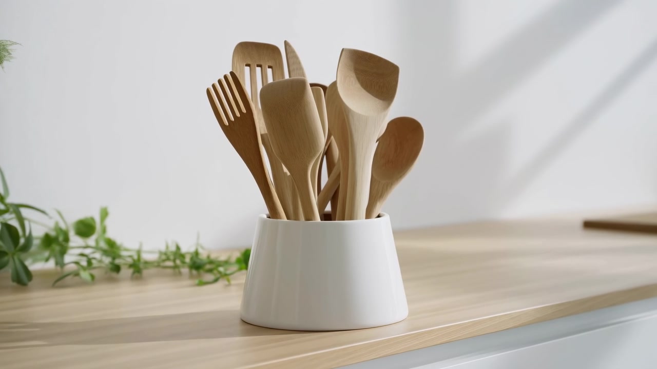 Secuencia progresiva de cocina desde la configuración inicial hasta casi su finalización, mostrando un soporte de utensilios de cerámica centrado en una encimera de madera lleno de múltiples de madera.