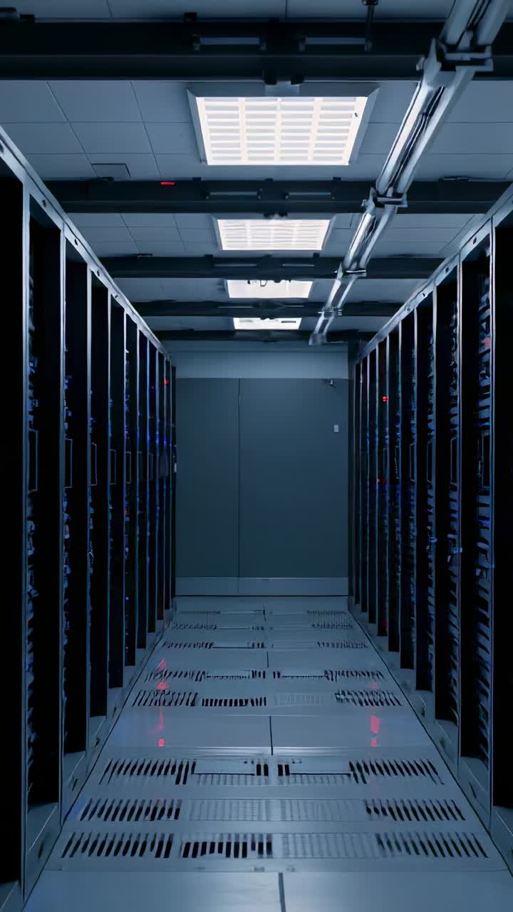 Vertical video: Camera gliding through server corridor revealing LED racks, vents, trays, grates