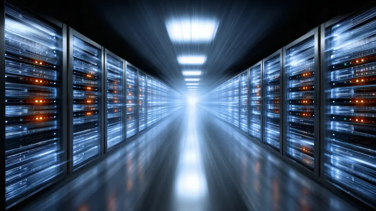 Visualizzazione di un data center futuristico: il viaggio attraverso una server farm illuminata che passa dall'oscurità alla luce in un ambiente high-tech