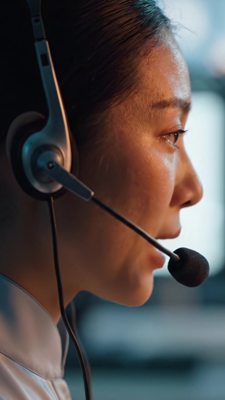Professionista concentrato con cuffie: ripreso durante un ambiente di lavoro dinamico, mostrando dedizione e competenza nella tecnologia di comunicazione
